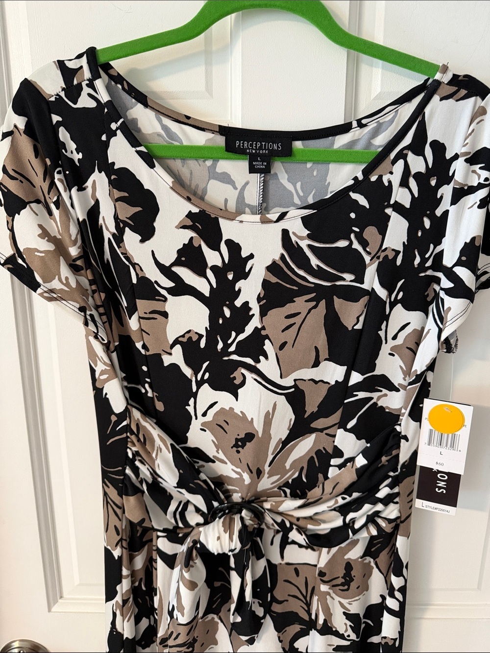 NWT Perceptions New York Floral Tie-Front Midi Dress Black Taupe White Large - Picture 2 of 7